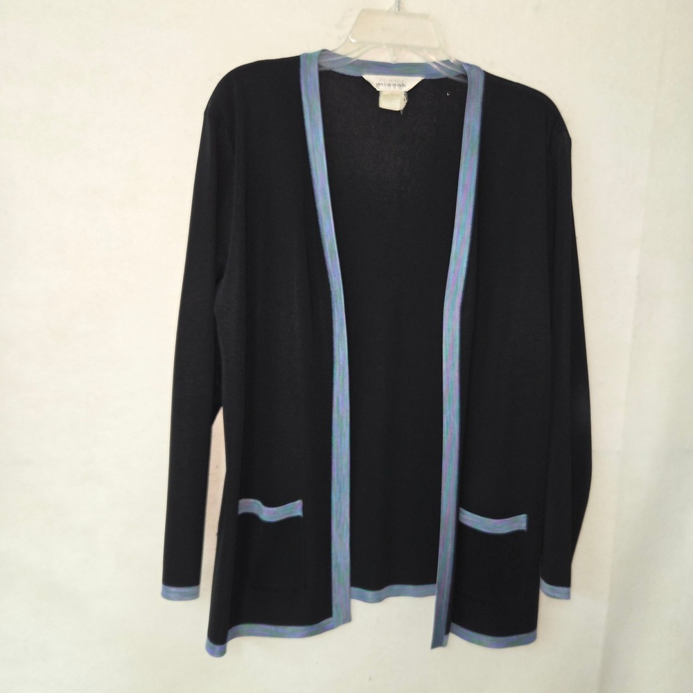 Misook Black Cardigan‎ Sweater Open Front Ribbed Trim Pockets Women M